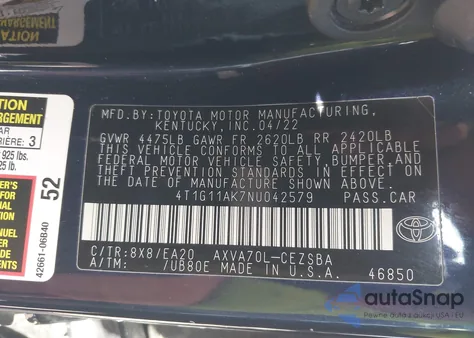 2022 Toyota Camry Se из США, поврежденный, VIN 4T1G11AK7NU042579